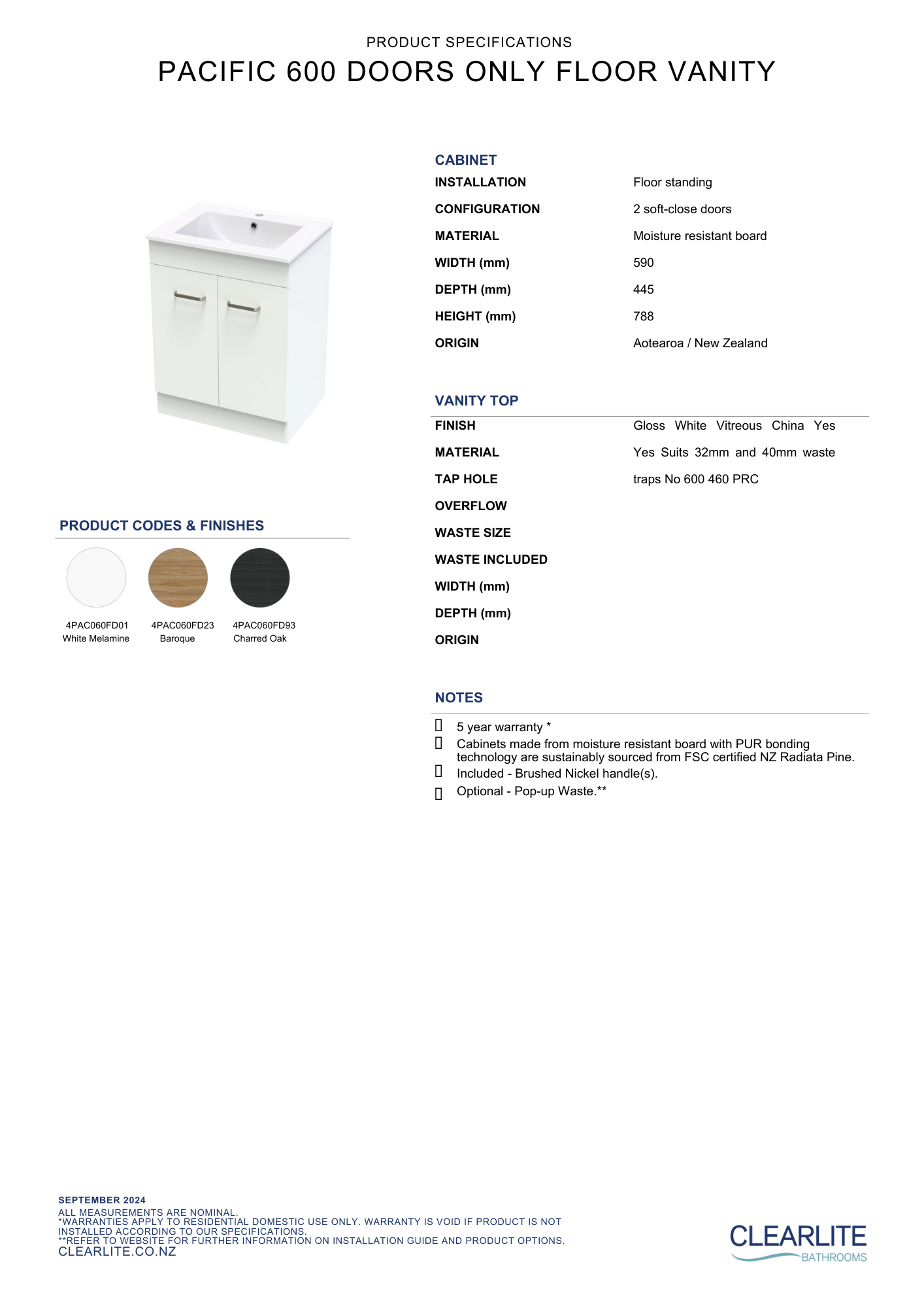 Pacific Door Only Floor Standing Vanity - 4 Size & 3 Colour Options
