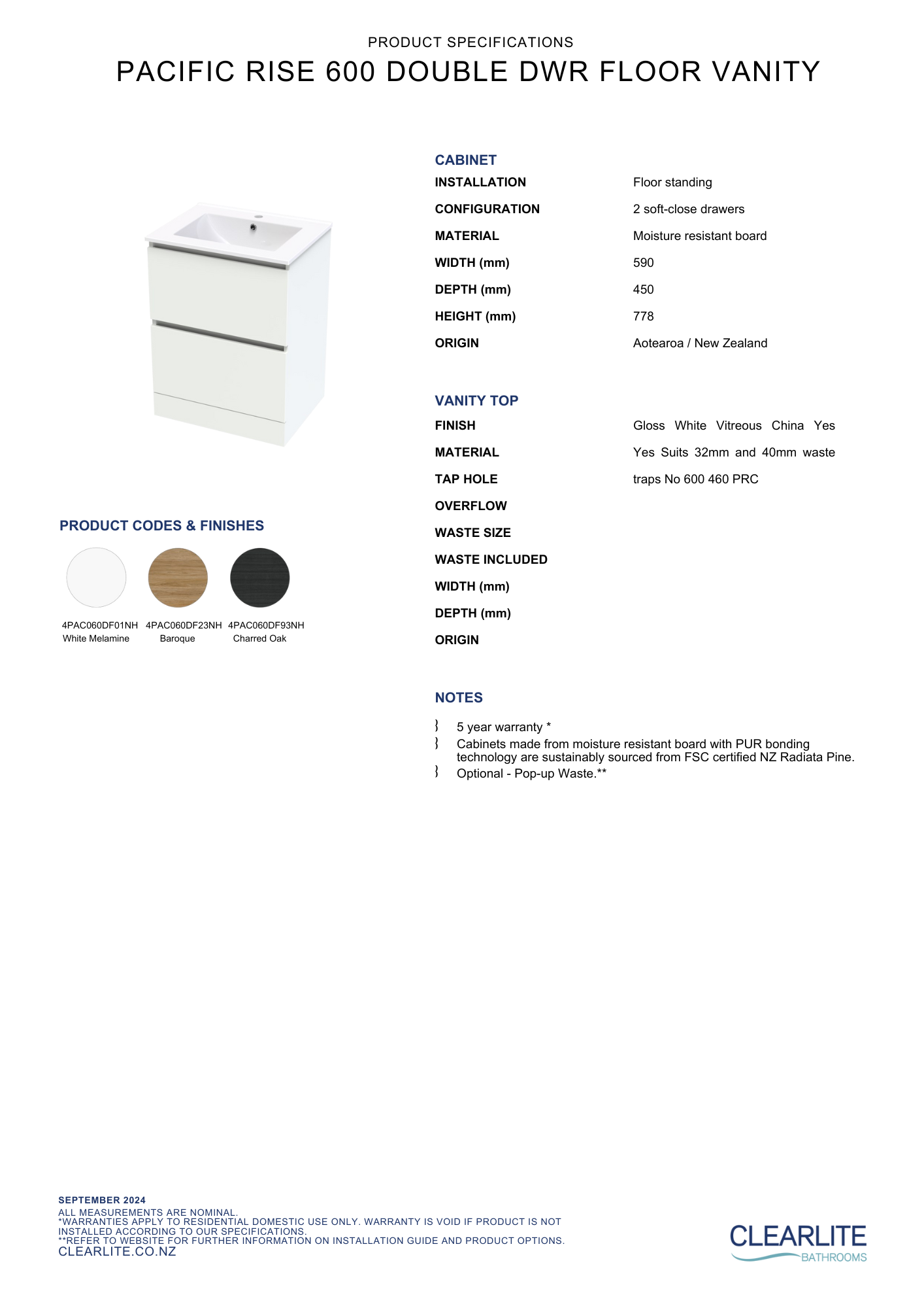 Pacific Rise Double Drawer Floor Standing Vanity - 4 Size & 3 Colour Options