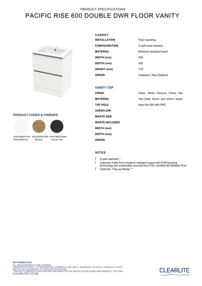 Pacific Rise Double Drawer Floor Standing Vanity - 4 Size & 3 Colour Options
