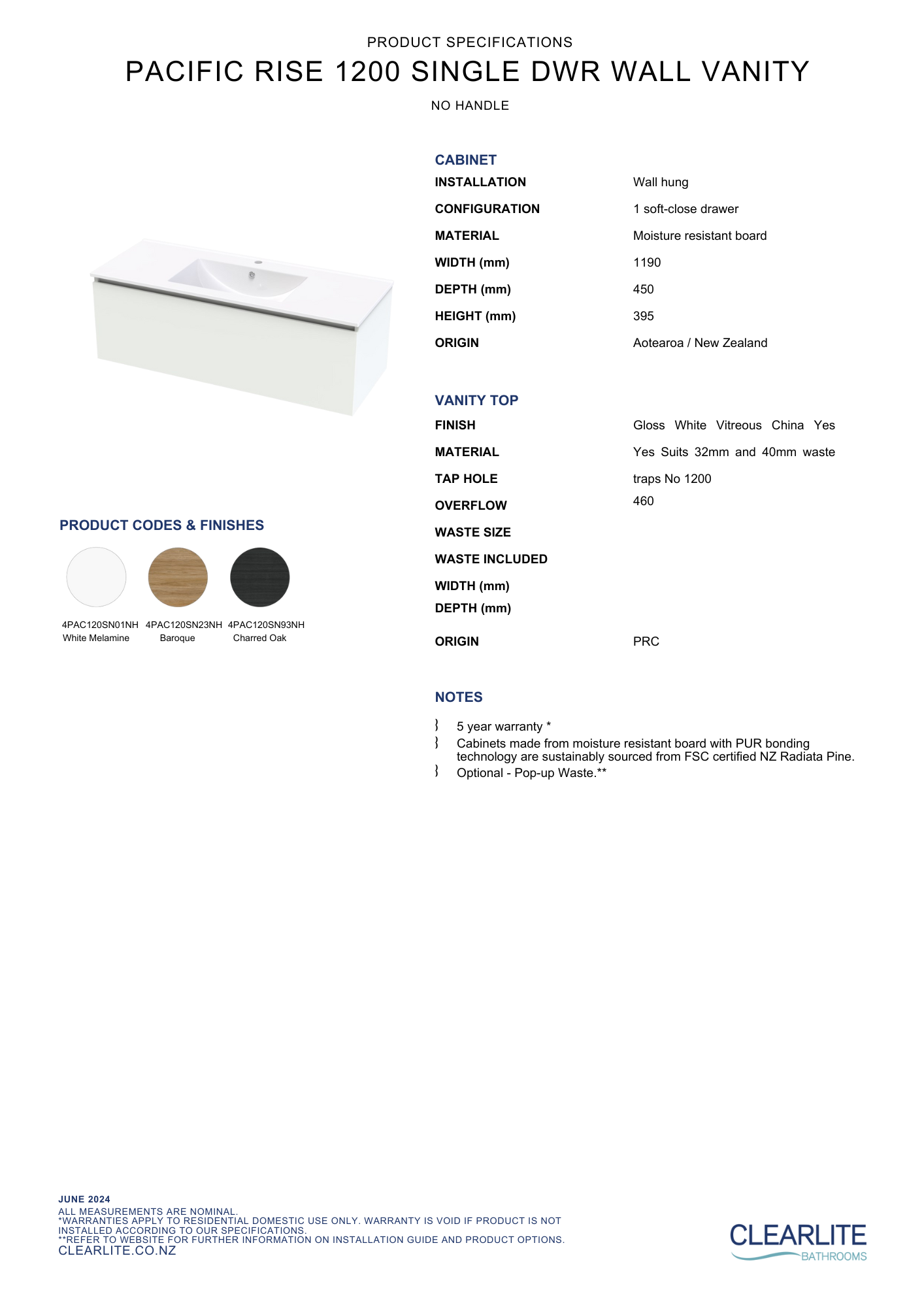 Pacific Rise Single Drawer Wall Hung Vanity - 4 Size & 3 Colour Options