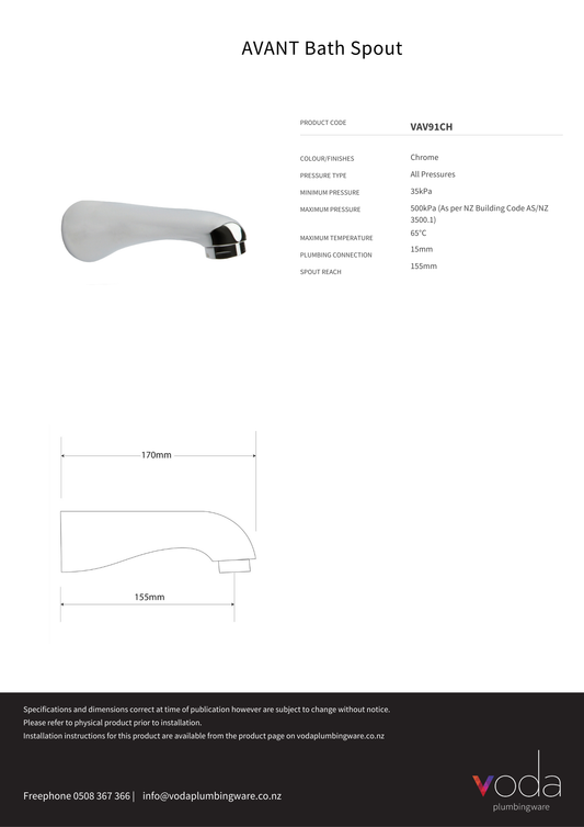 Avant Wall Mount Bath Spout 15mm - Chrome