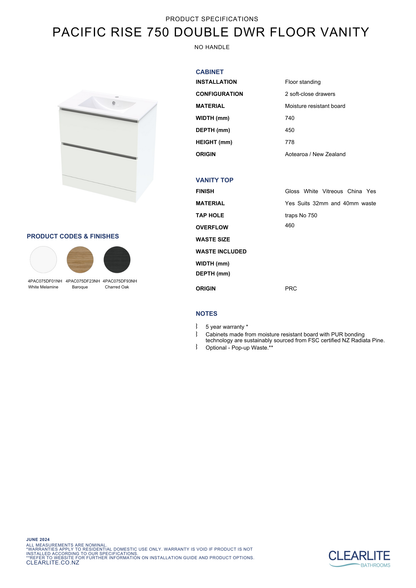 Pacific Rise Double Drawer Floor Standing Vanity - 4 Size & 3 Colour Options