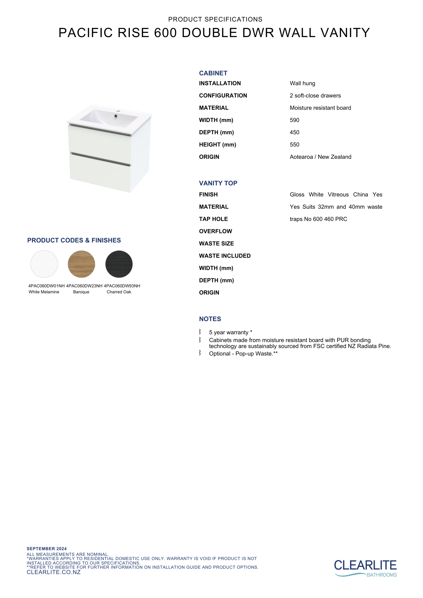 Pacific Rise Double Drawer Wall Hung Vanity - 4 Size & 3 Colour Options