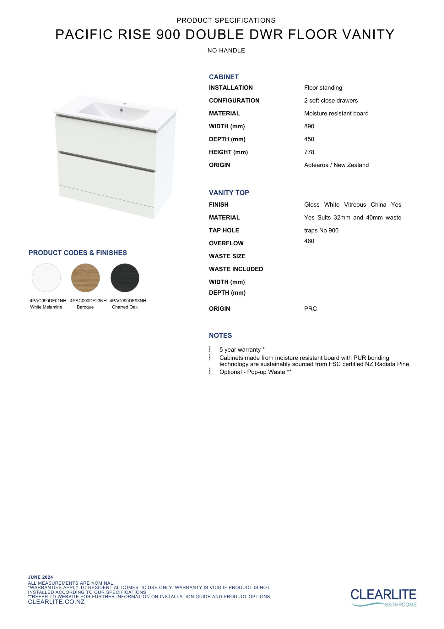 Pacific Rise Double Drawer Floor Standing Vanity - 4 Size & 3 Colour Options