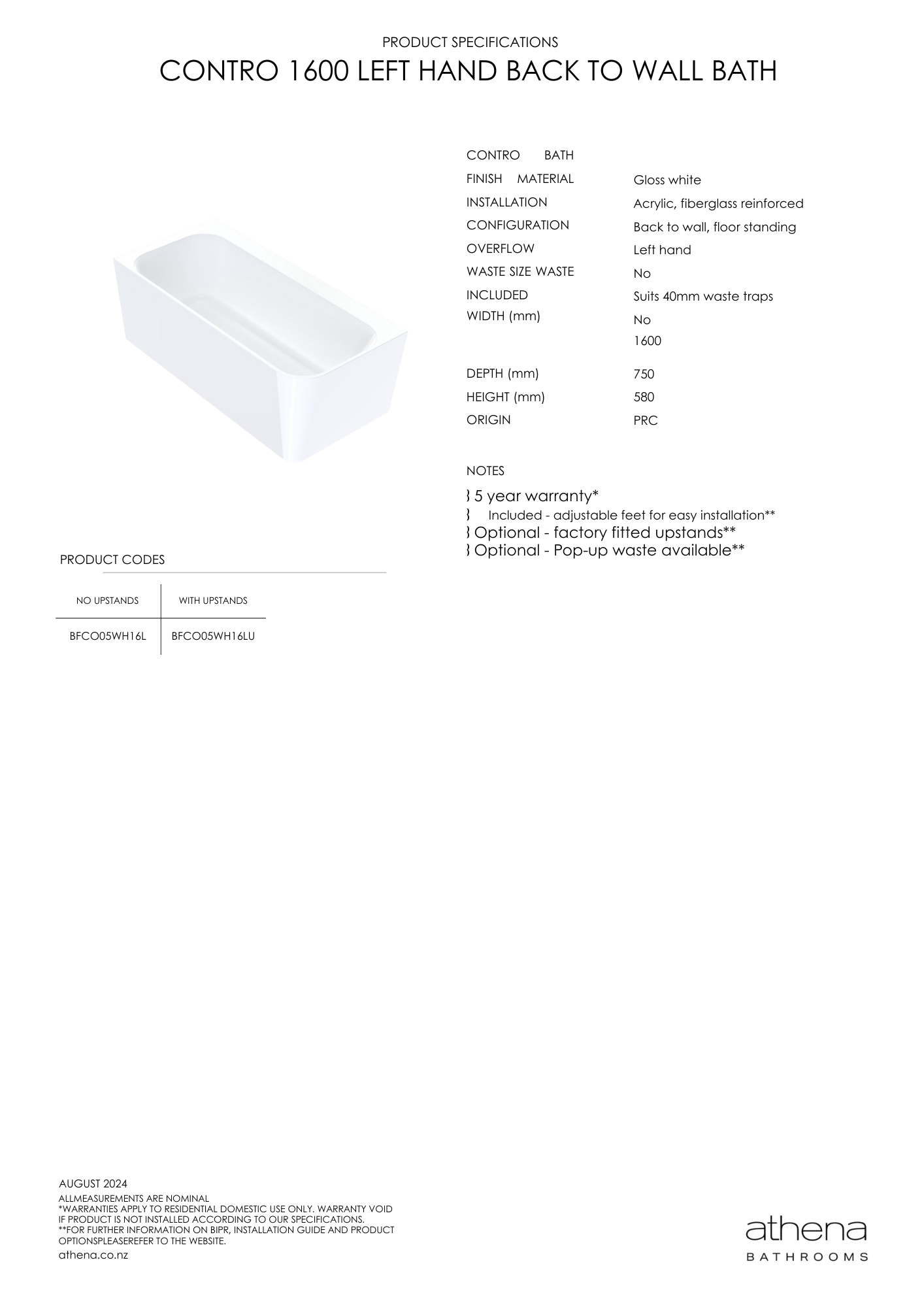 Contro Back To Wall Bath (Left Hand) 1600mm