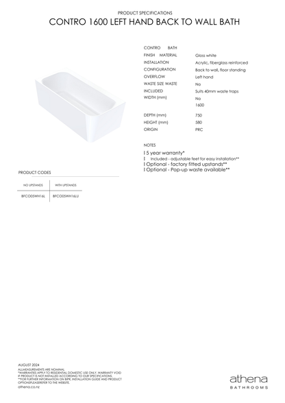 Contro Back To Wall Bath (Left Hand) 1600mm