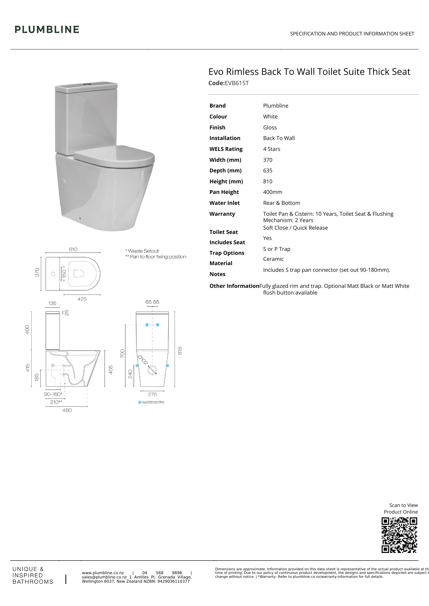 Evo Rimless Back To Wall Toilet Suite Thick Seat