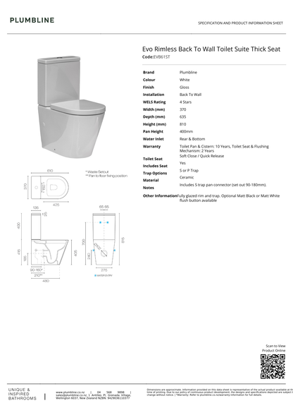 Evo Rimless Back To Wall Toilet Suite Thick Seat