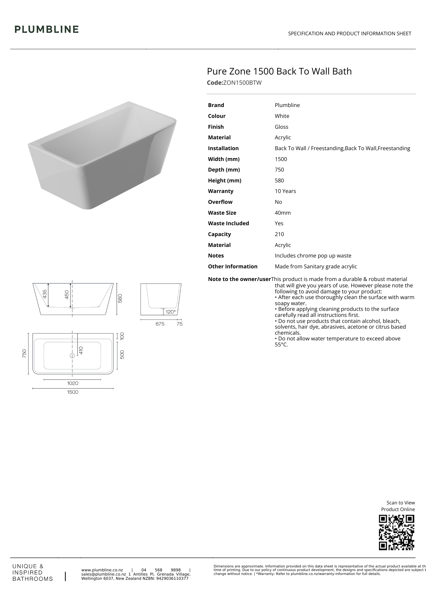 Pure Zone Back To Wall Bath - 2 Size Options