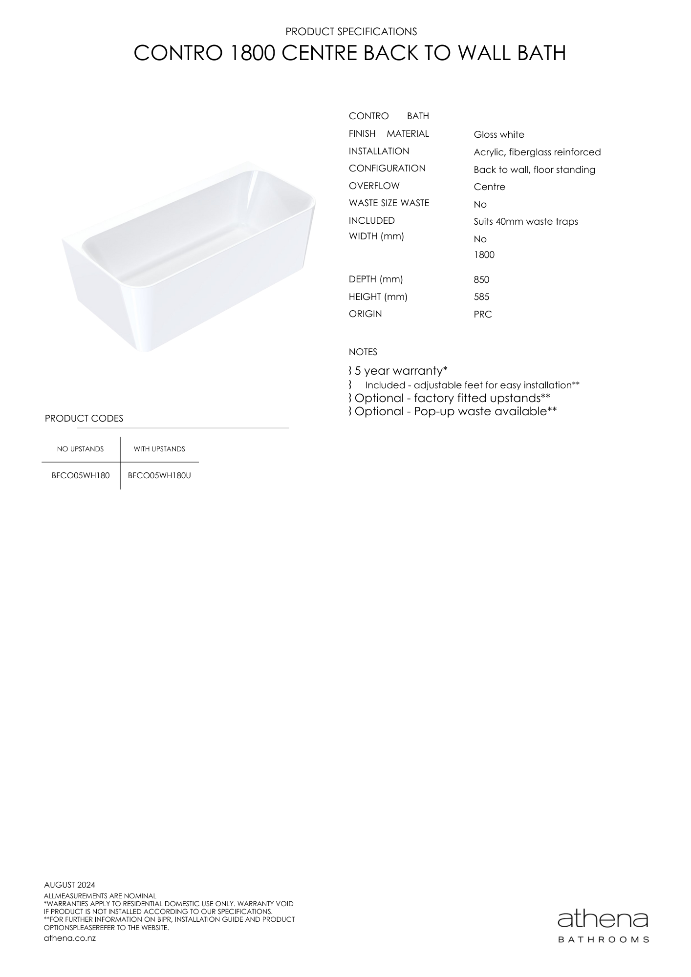 Contro Back To Wall Bath - 2 Size Options