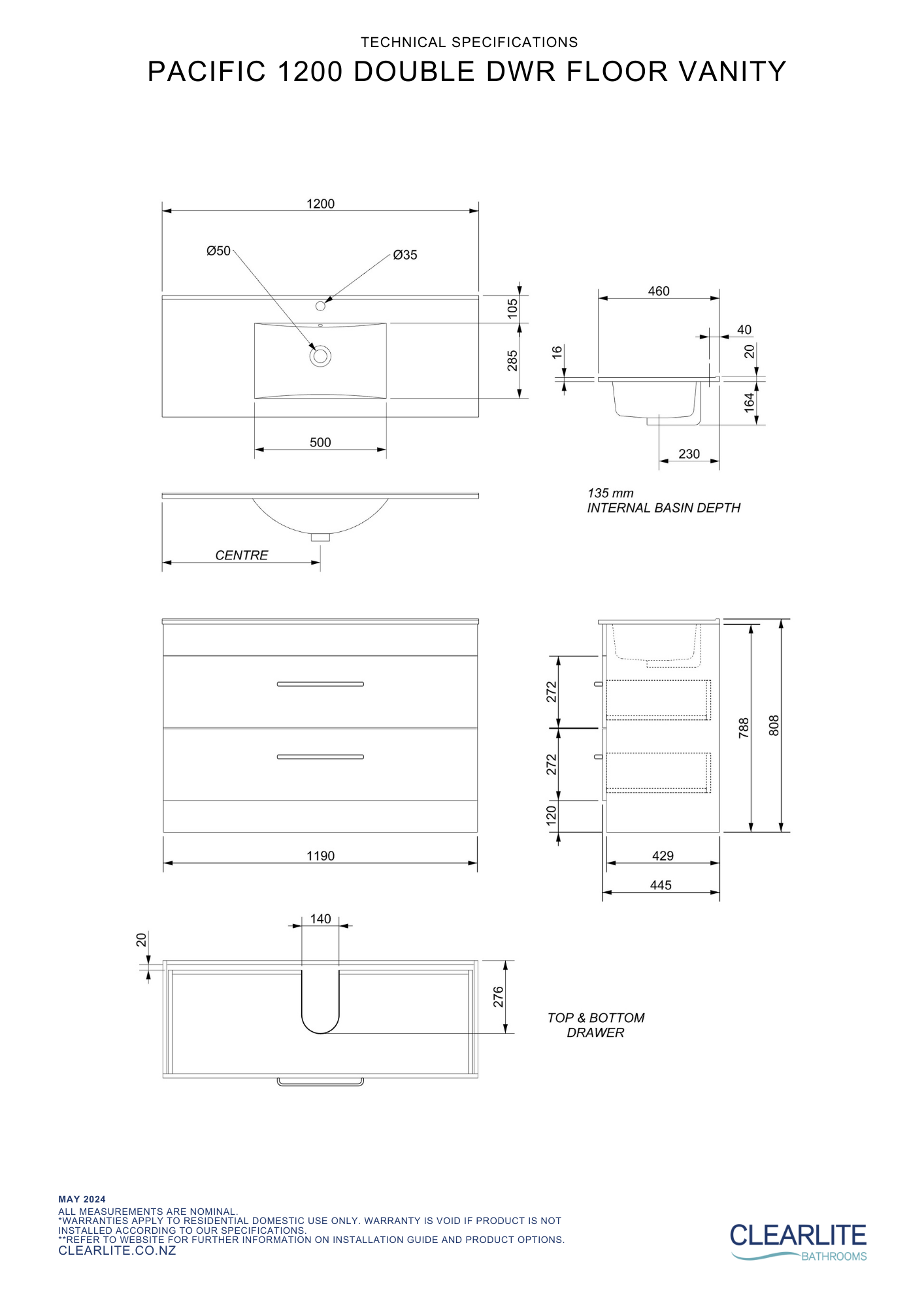 Pacific Double Drawer Floor Standing Vanity - 4 Size & 3 Colour Options