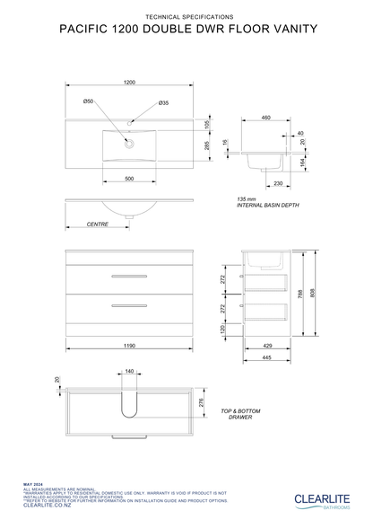 Pacific Double Drawer Floor Standing Vanity - 4 Size & 3 Colour Options