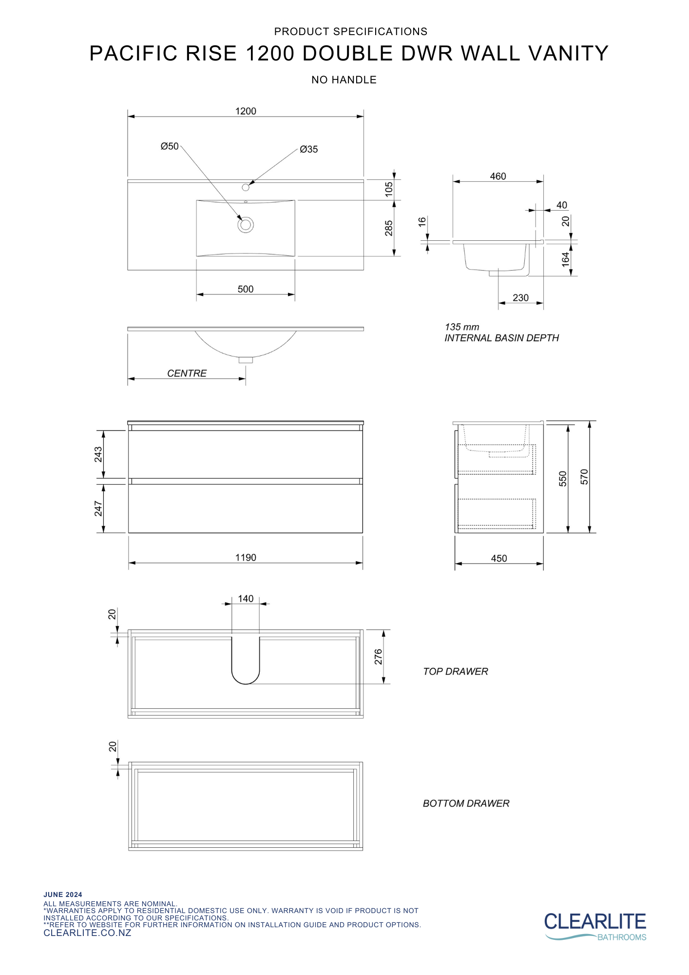 Pacific Rise Double Drawer Wall Hung Vanity - 4 Size & 3 Colour Options