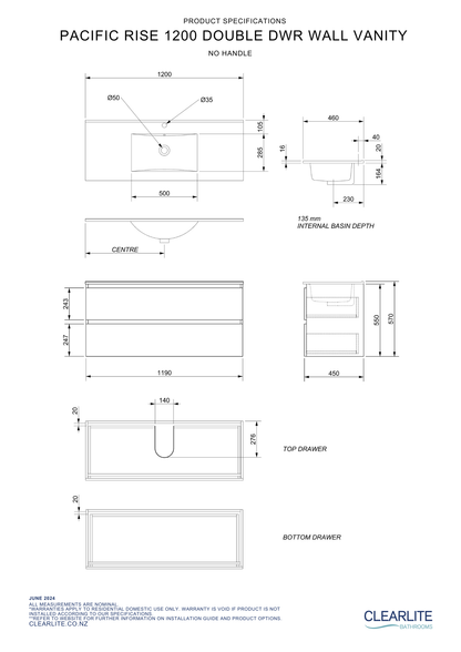 Pacific Rise Double Drawer Wall Hung Vanity - 4 Size & 3 Colour Options