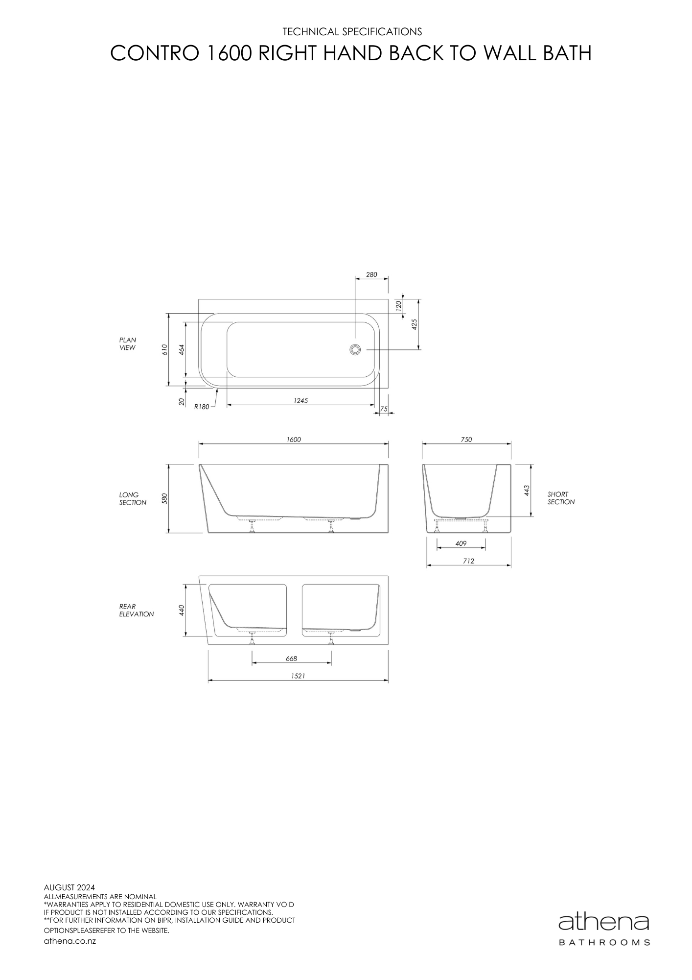 Contro Back To Wall Bath (Right Hand) 1600mm