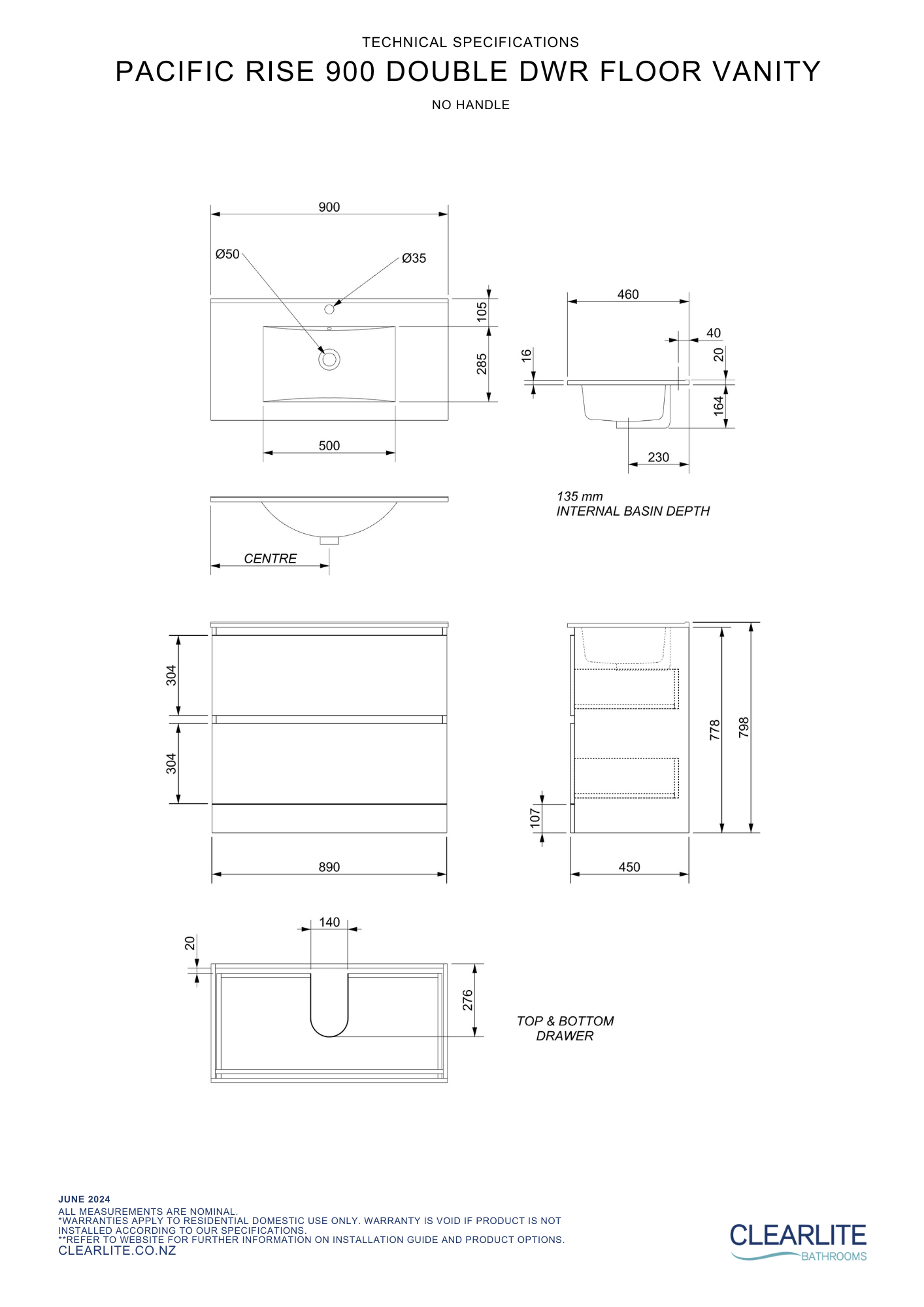 Pacific Rise Double Drawer Floor Standing Vanity - 4 Size & 3 Colour Options