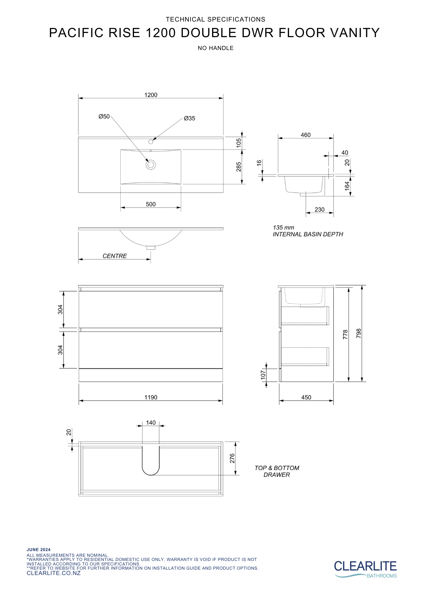 Pacific Rise Double Drawer Floor Standing Vanity - 4 Size & 3 Colour Options