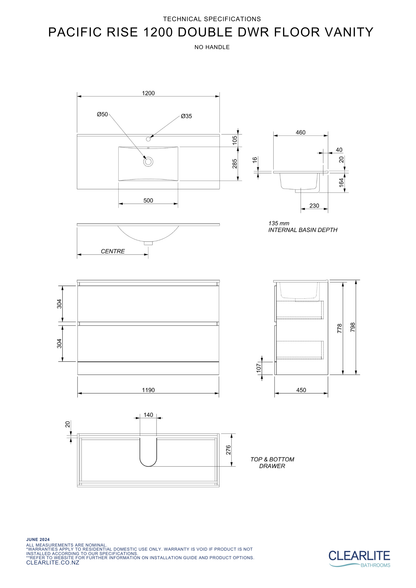 Pacific Rise Double Drawer Floor Standing Vanity - 4 Size & 3 Colour Options