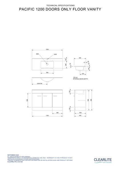 Pacific Door Only Floor Standing Vanity - 4 Size & 3 Colour Options