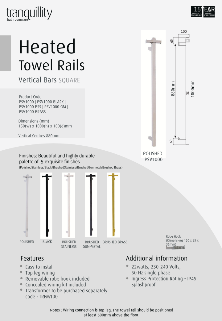 Square Vertical Heated Towel Bar 1000mm - 5 Colour Options