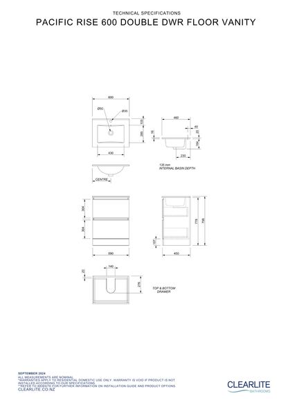 Pacific Rise Double Drawer Floor Standing Vanity - 4 Size & 3 Colour Options