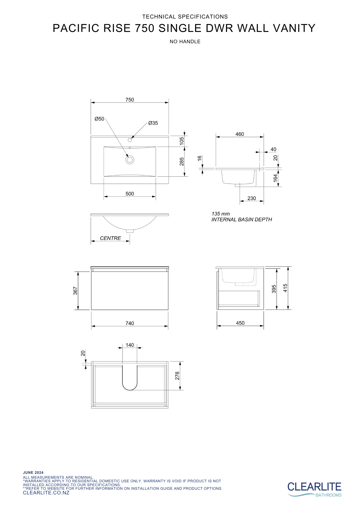 Pacific Rise Single Drawer Wall Hung Vanity - 4 Size & 3 Colour Options