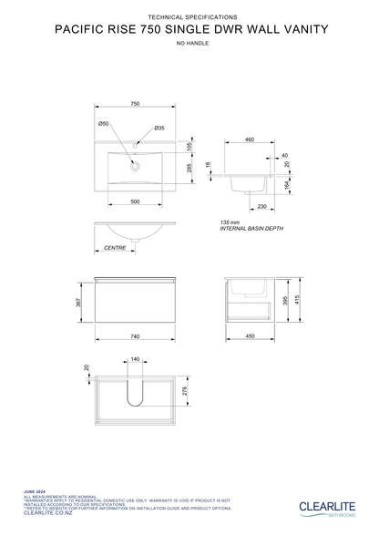 Pacific Rise Single Drawer Wall Hung Vanity - 4 Size & 3 Colour Options