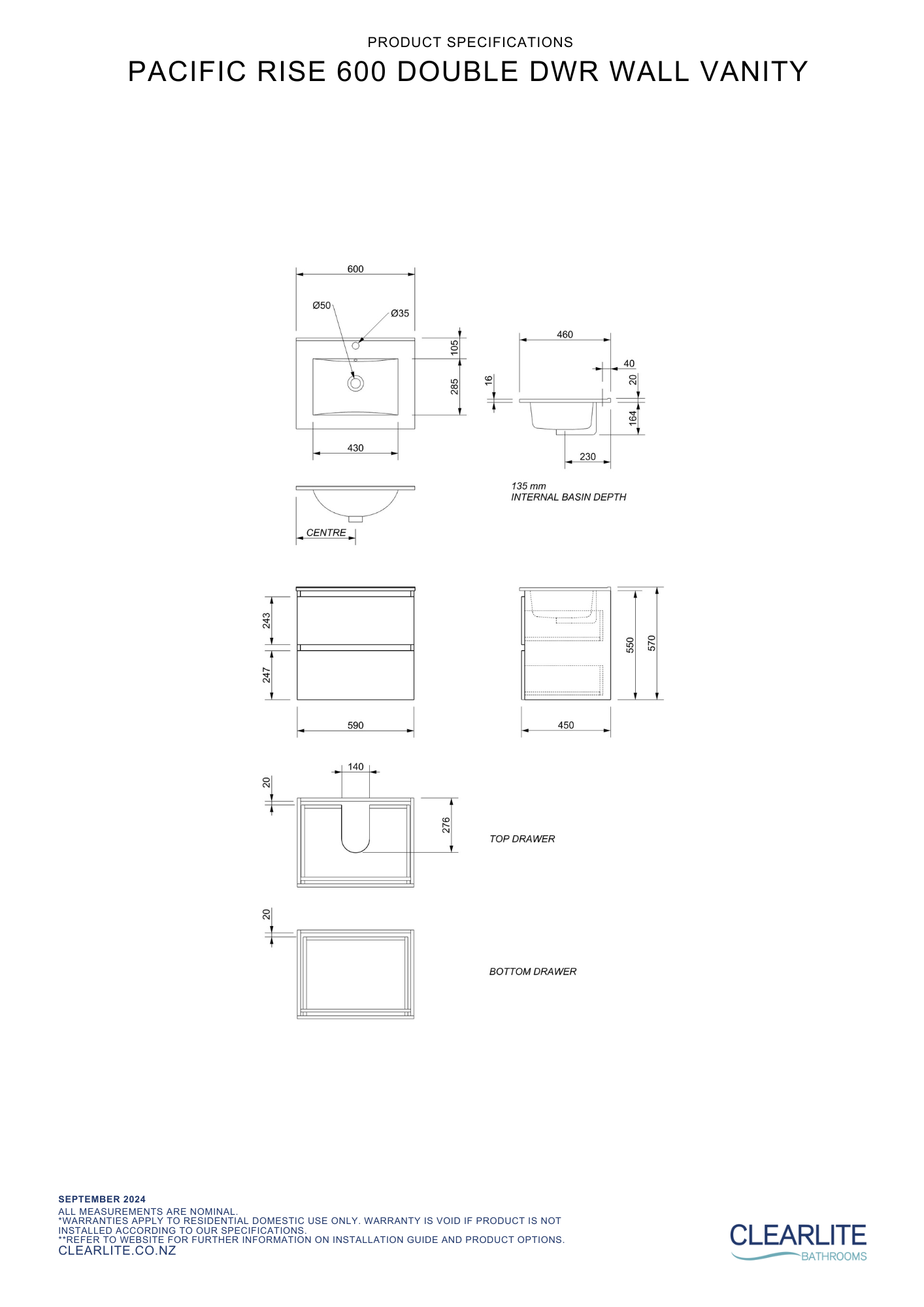 Pacific Rise Double Drawer Wall Hung Vanity - 4 Size & 3 Colour Options