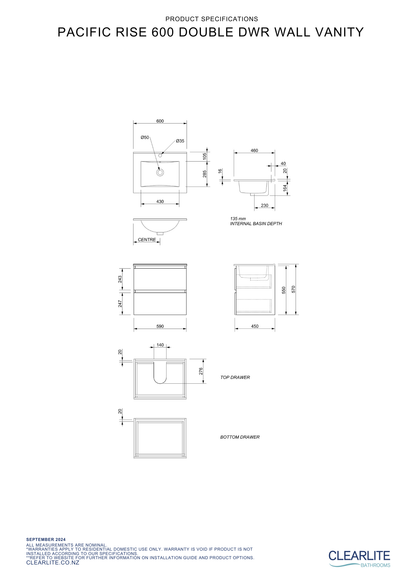 Pacific Rise Double Drawer Wall Hung Vanity - 4 Size & 3 Colour Options