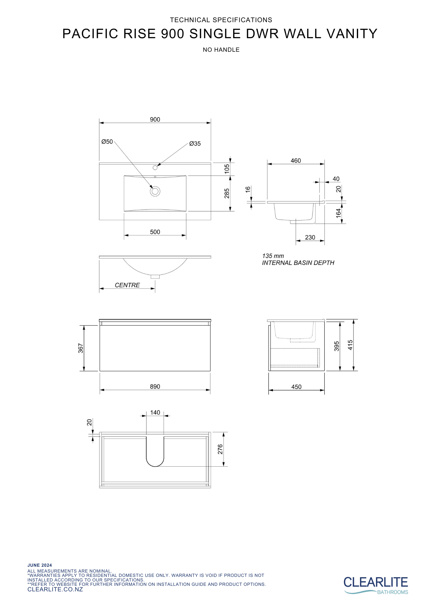 Pacific Rise Single Drawer Wall Hung Vanity - 4 Size & 3 Colour Options