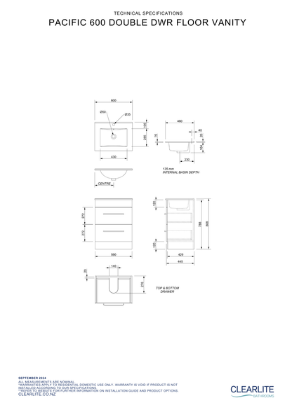 Pacific Double Drawer Floor Standing Vanity - 4 Size & 3 Colour Options