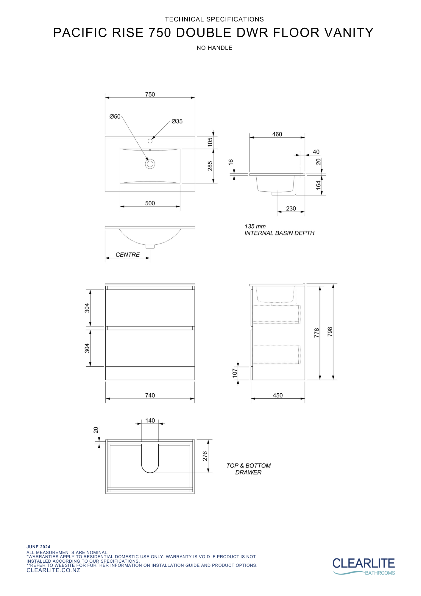 Pacific Rise Double Drawer Floor Standing Vanity - 4 Size & 3 Colour Options