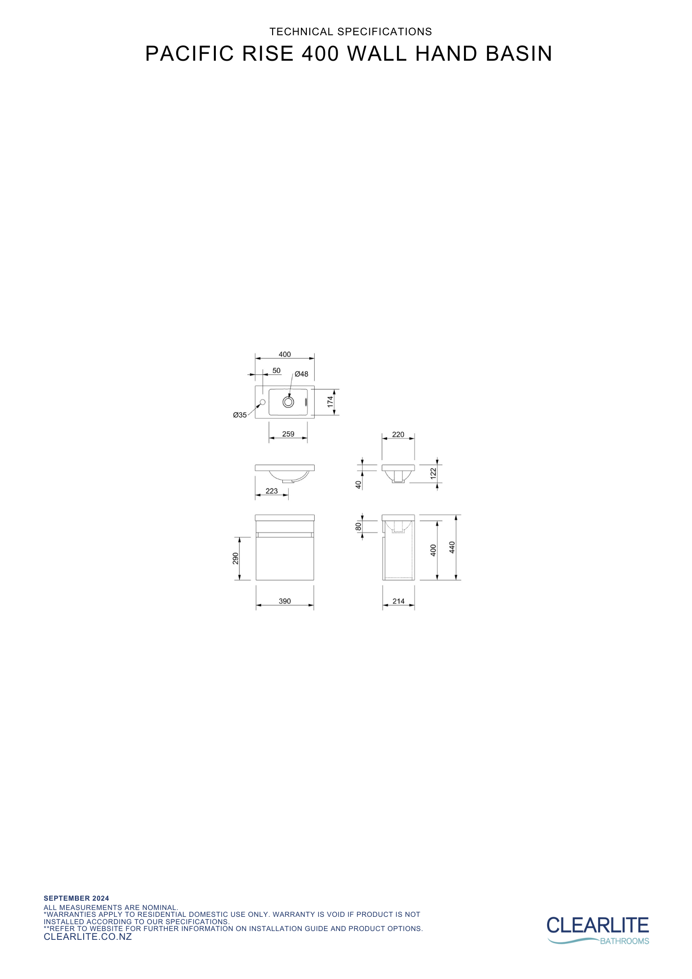 Pacific Rise Hand Basin Wall Hung Vanity 400mm - 3 Colour Options