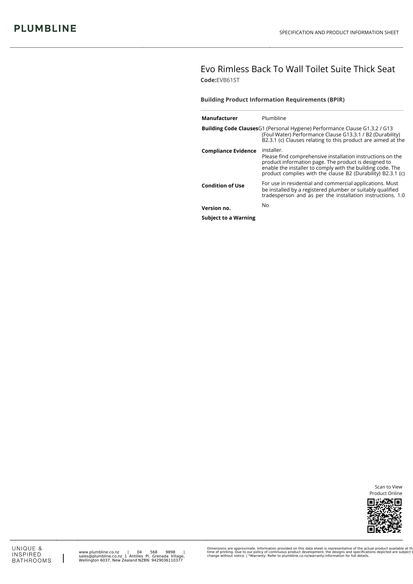 Evo Rimless Back To Wall Toilet Suite Thick Seat