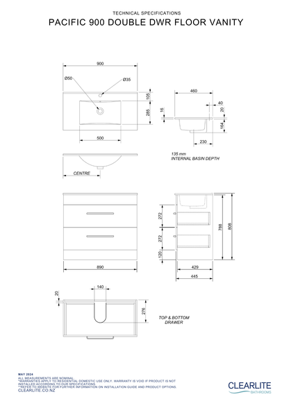 Pacific Double Drawer Floor Standing Vanity - 4 Size & 3 Colour Options