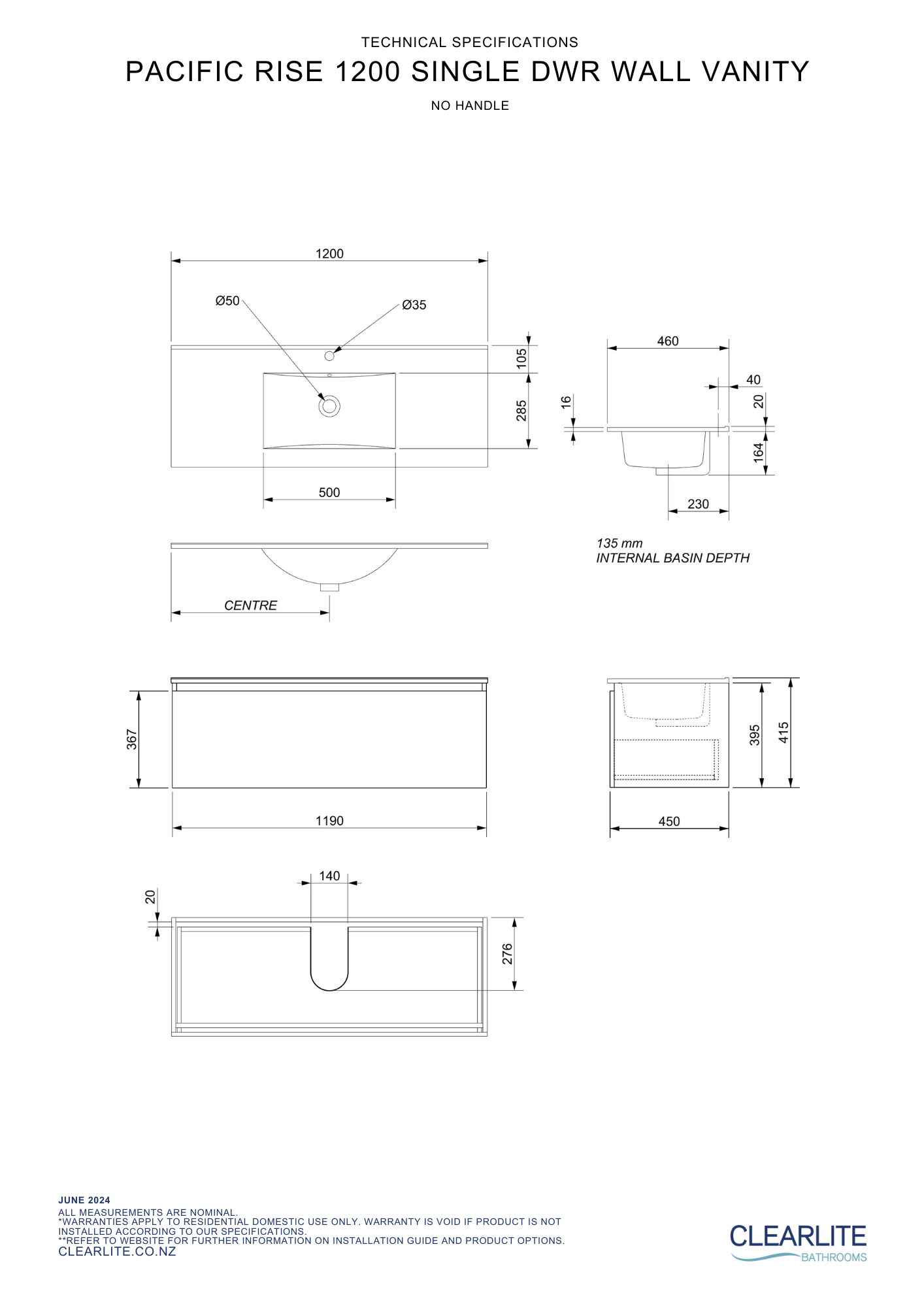 Pacific Rise Single Drawer Wall Hung Vanity - 4 Size & 3 Colour Options