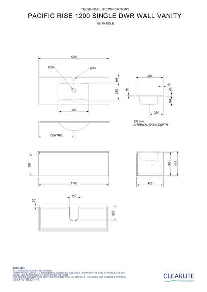 Pacific Rise Single Drawer Wall Hung Vanity - 4 Size & 3 Colour Options
