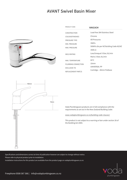 Avant Swivel Spout Basin Mixer - Chrome