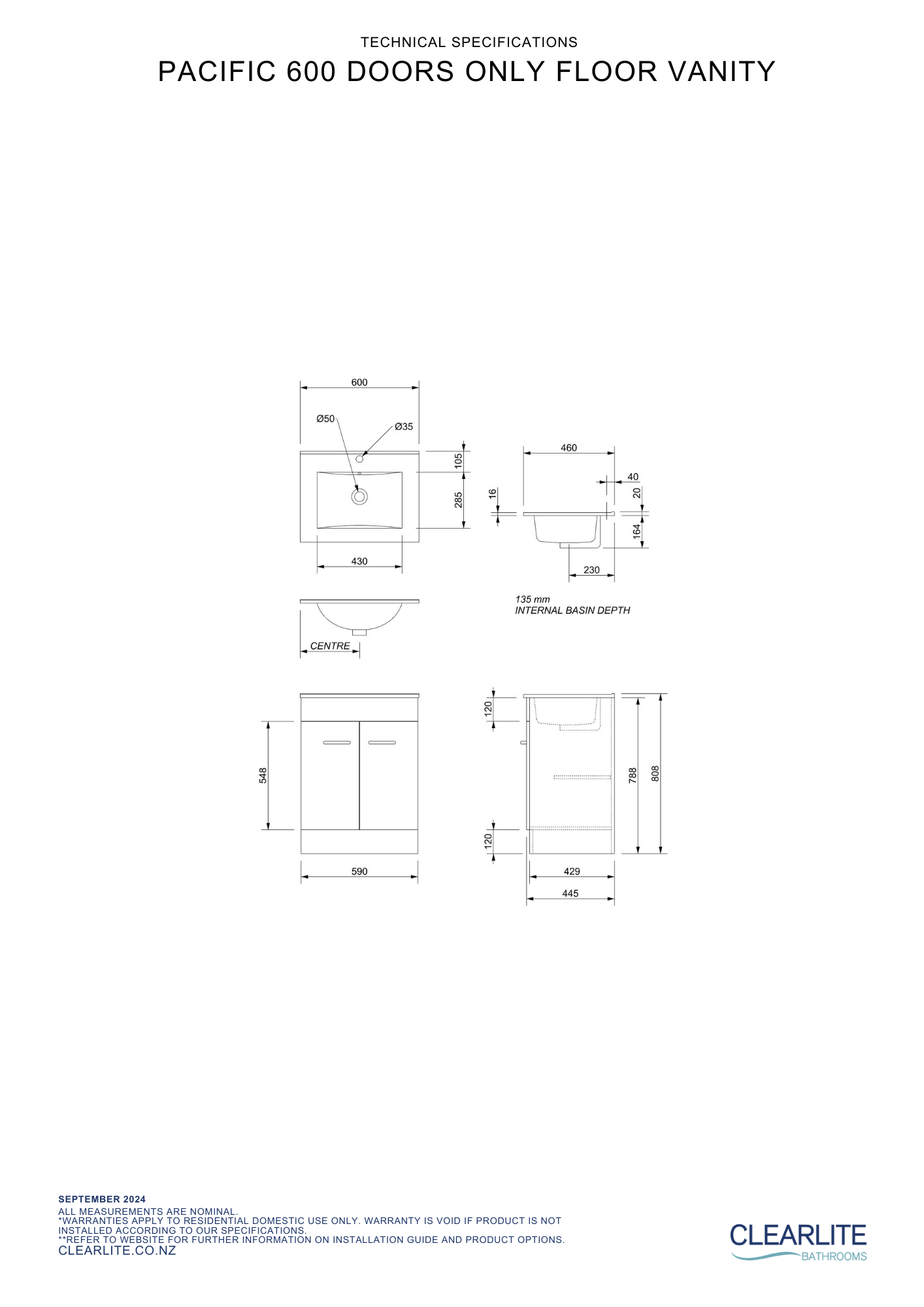 Pacific Door Only Floor Standing Vanity - 4 Size & 3 Colour Options