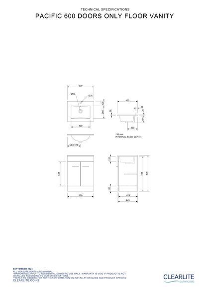 Pacific Door Only Floor Standing Vanity - 4 Size & 3 Colour Options