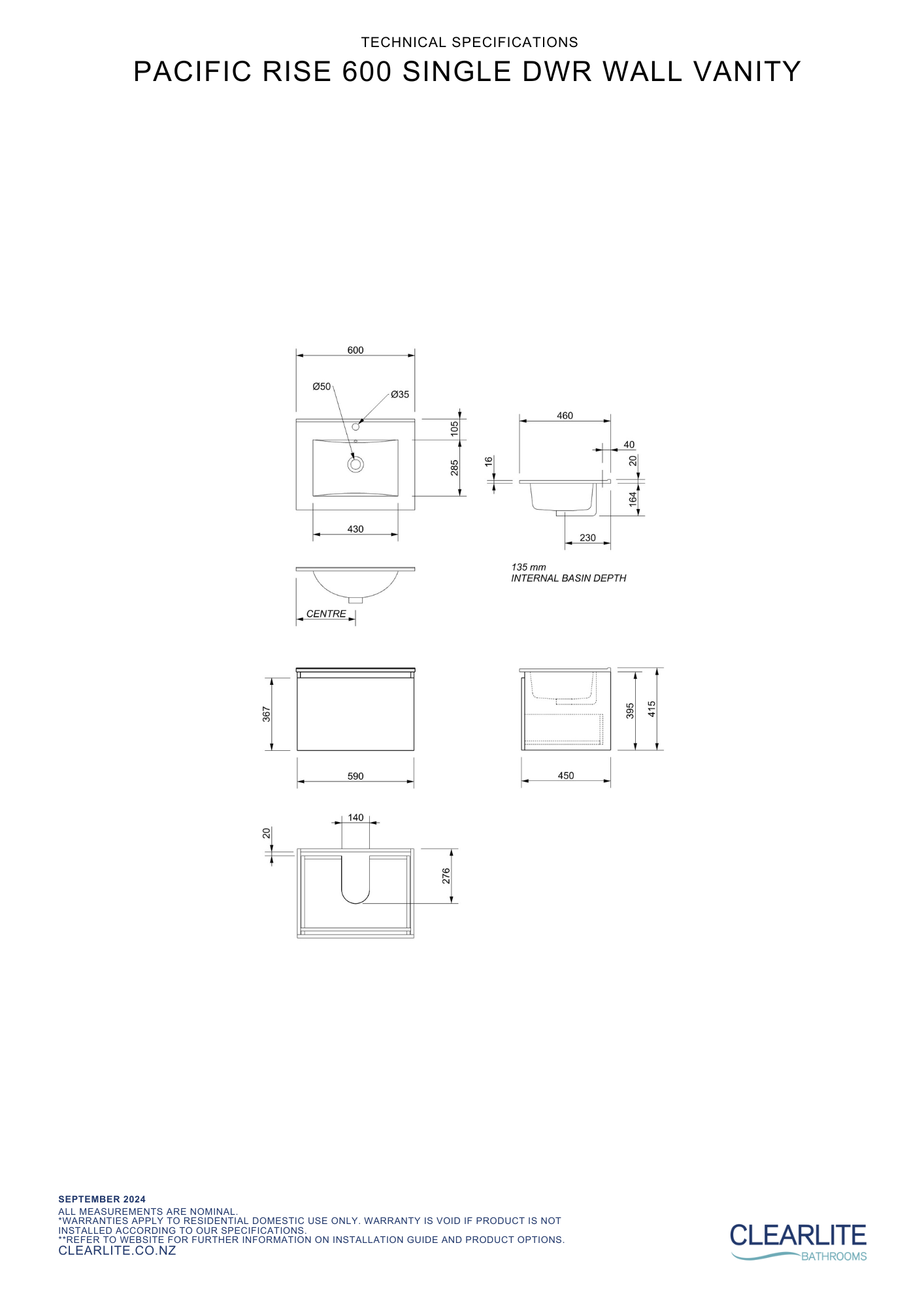 Pacific Rise Single Drawer Wall Hung Vanity - 4 Size & 3 Colour Options