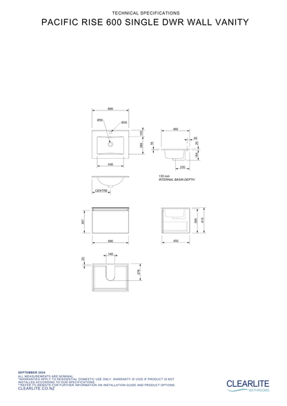 Pacific Rise Single Drawer Wall Hung Vanity - 4 Size & 3 Colour Options