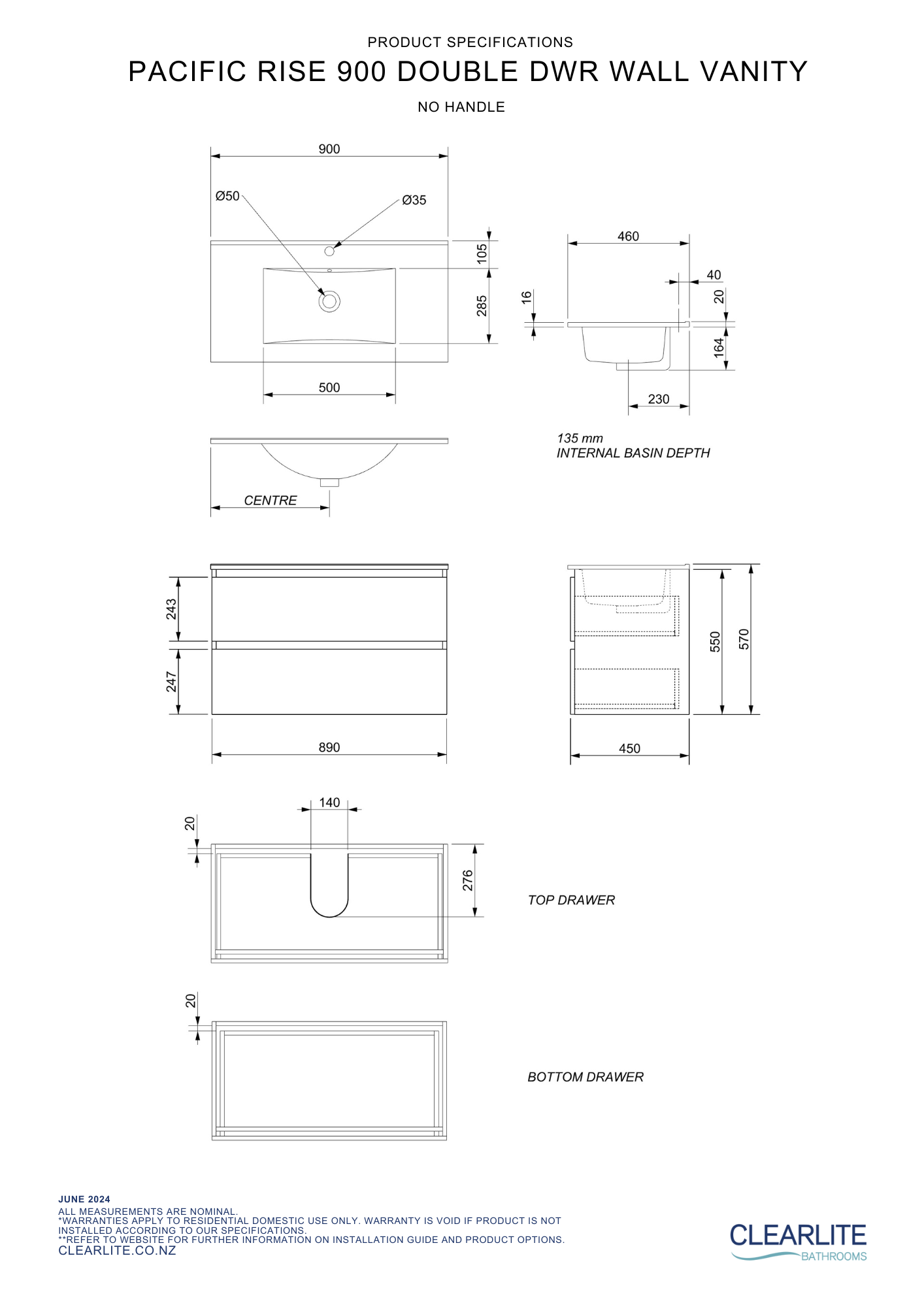 Pacific Rise Double Drawer Wall Hung Vanity - 4 Size & 3 Colour Options