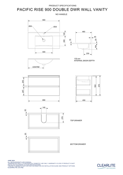 Pacific Rise Double Drawer Wall Hung Vanity - 4 Size & 3 Colour Options