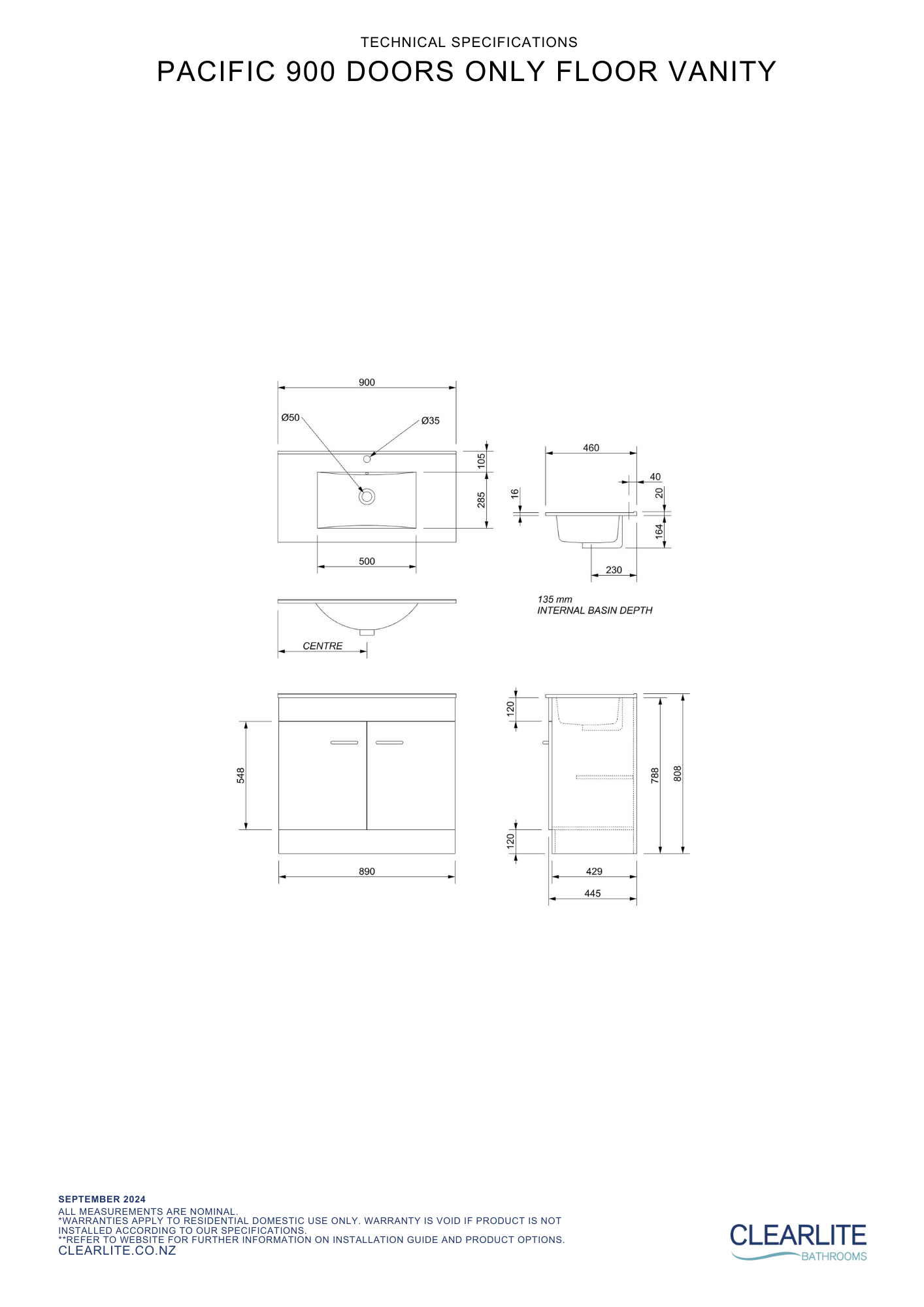 Pacific Door Only Floor Standing Vanity - 4 Size & 3 Colour Options