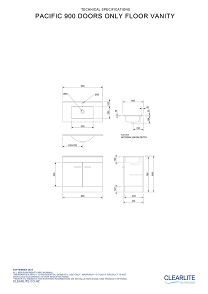 Pacific Door Only Floor Standing Vanity - 4 Size & 3 Colour Options