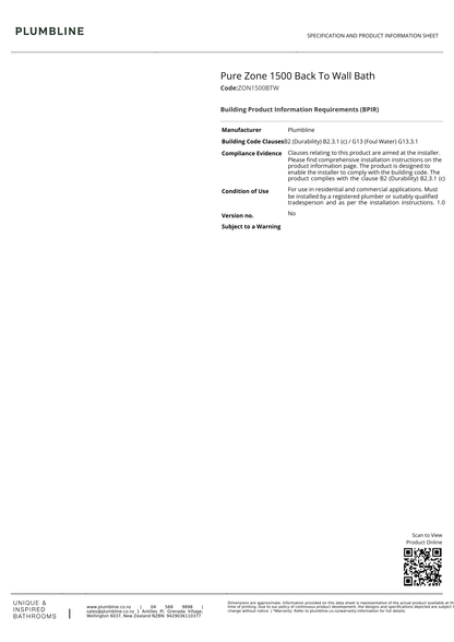 Pure Zone Back To Wall Bath - 2 Size Options