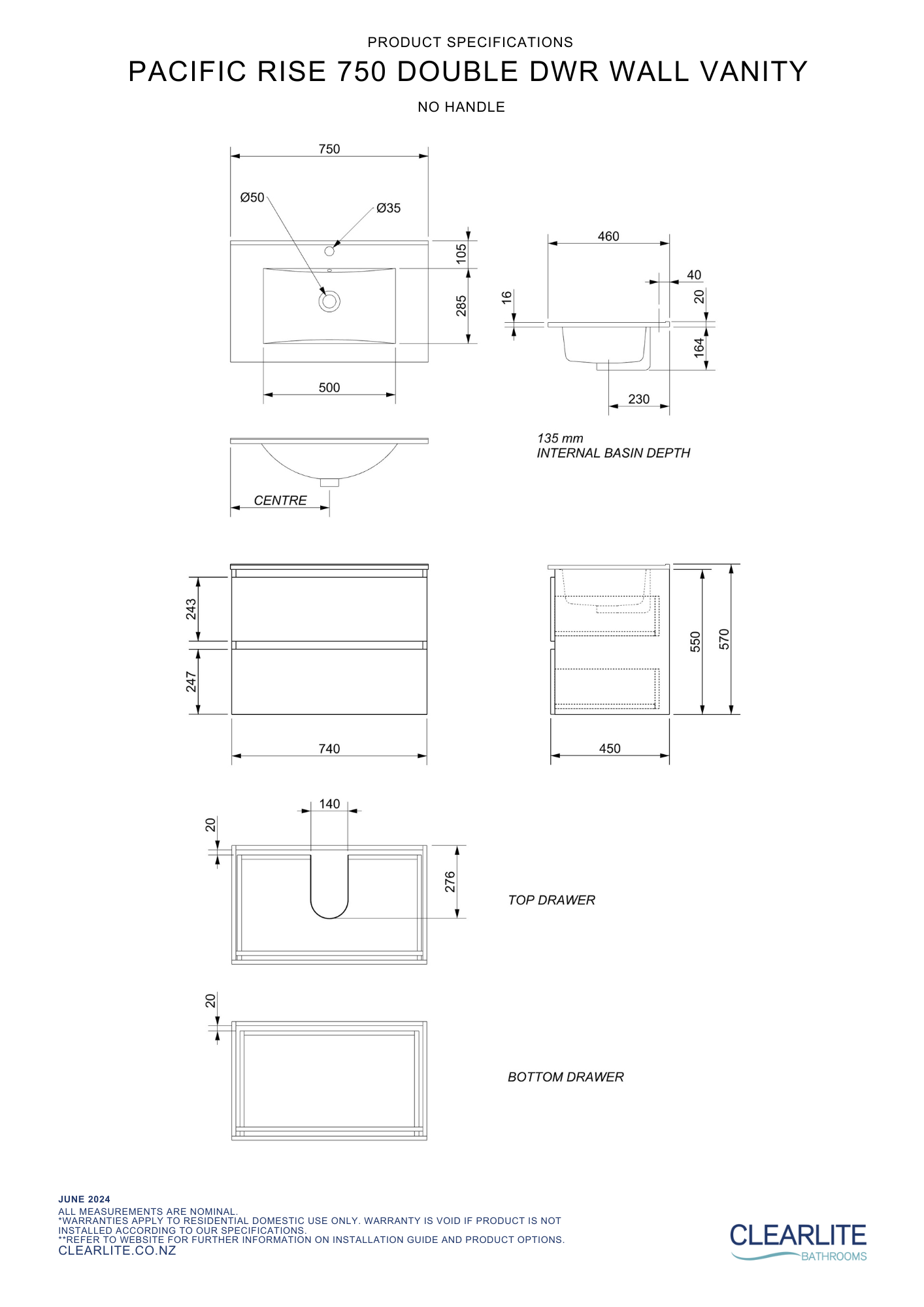 Pacific Rise Double Drawer Wall Hung Vanity - 4 Size & 3 Colour Options