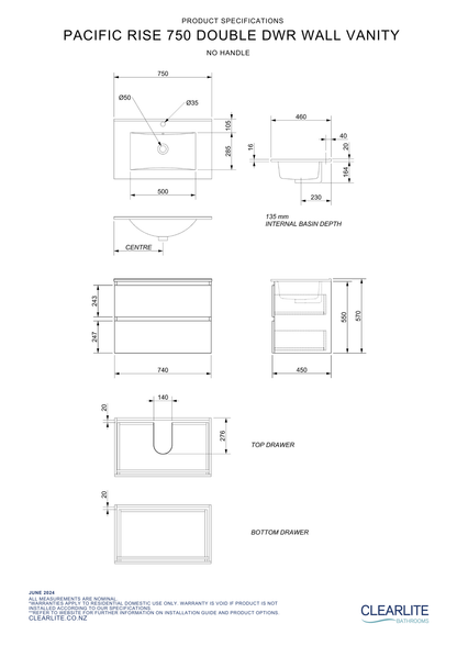 Pacific Rise Double Drawer Wall Hung Vanity - 4 Size & 3 Colour Options