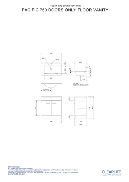 Pacific Door Only Floor Standing Vanity - 4 Size & 3 Colour Options